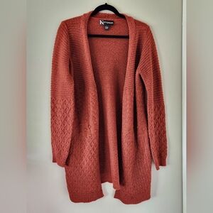 Women's open front chunky cardigan with pockets - rusty pumpkin orange